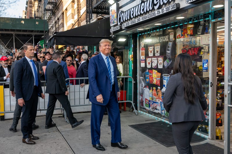 Former president Donald Trump visits a bodega store in upper Manhattan where a worker was assaulted by a man in 2022 and ended up killing him in an ensuing fight on April 16, 2024