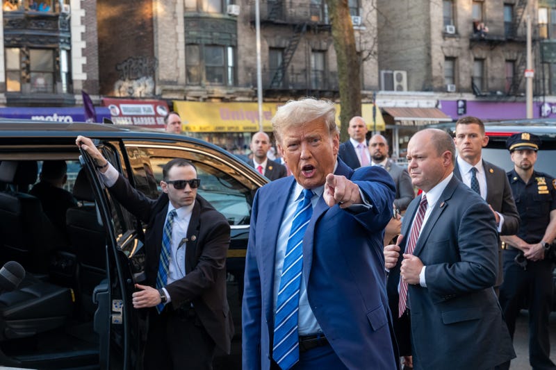 Former President Donald Trump visits a bodega in the Harlem neighborhood of upper Manhattan where a worker killed a man who had assaulted him in 2022, on April 16, 2024