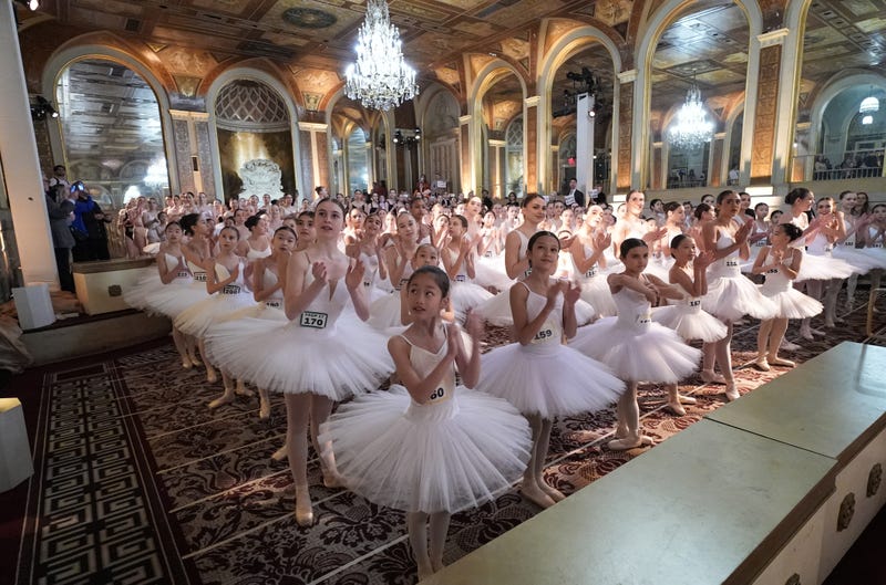 Students from the Youth America Grand Prix break the Guinness World Record for Most Ballerinas En Pointe Simultaneously at The Plaza Hotel on April 17, 2024 in New York City. 