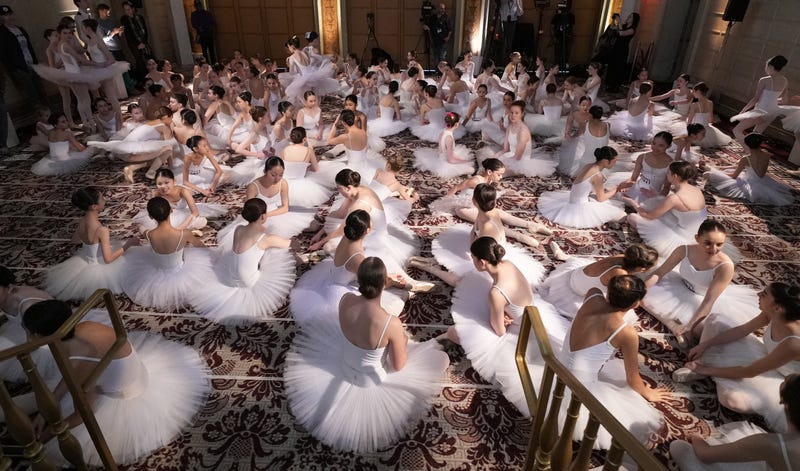 Students from the Youth America Grand Prix gather to break the Guinness World Record for Most Ballerinas En Pointe Simultaneously at The Plaza Hotel on April 17, 2024 in New York City. (Photo by John Nacion/Getty Images)