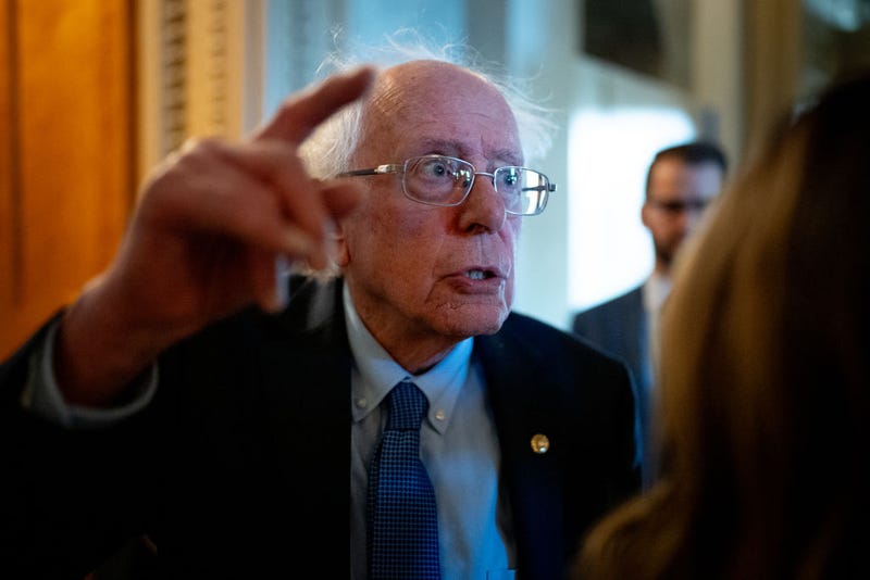 U.S. Sen. Bernie Sanders (I-VT) speaks to reporters outside the Senate Chamber on Capitol Hill on April 23, 2024 in Washington, DC.