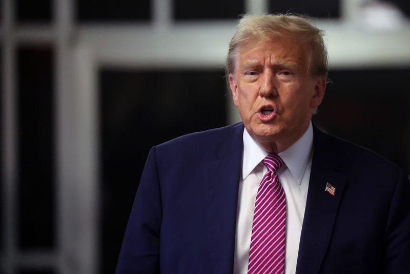 U.S. President Donald Trump speaks to the media after leaving the courtroom for the day at Manhattan Criminal Court during his trial for allegedly covering up hush money payments on April 19, 2024 in New York City. Former President Trump faces 34 felony counts of falsifying business records in the first of his criminal cases to go to trial. (Photo by Spencer Platt/Getty Images)