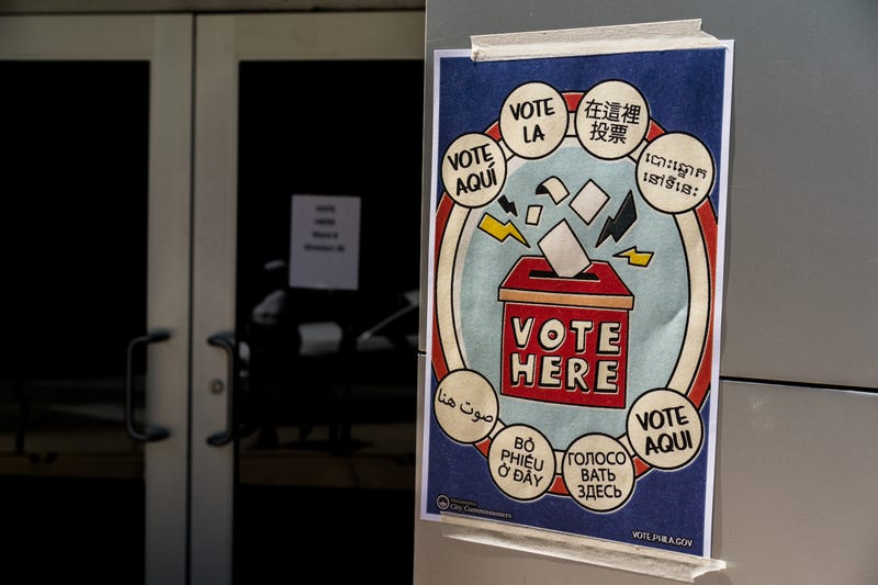 A voting location sign outside the Community College of Philadelphia on April 23, 2024.