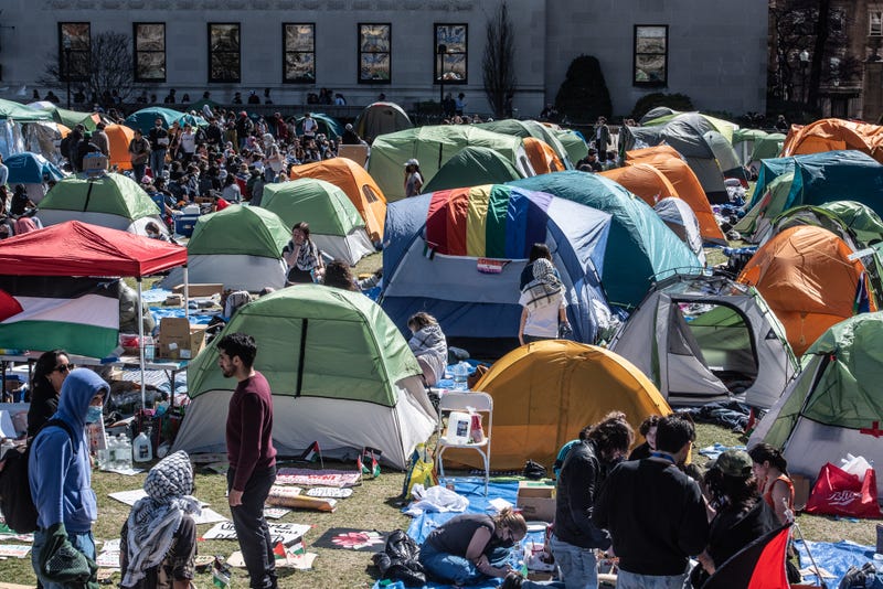 Columbia University students participate in an ongoing pro-Palestinian encampment on their campus following last week's arrest of more than 100 protesters on April 23, 2024 in New York City. In a growing number of college campuses throughout the country, student protesters are setting up tent encampments on school grounds to call for a ceasefire in Gaza and for their schools to divest from Israeli companies.
