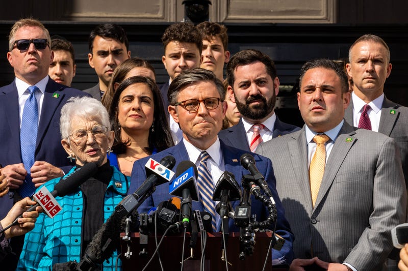 Speaker of the House Mike Johnson (R-LA) (R) speaks during a press conference at Columbia University on April 24, 2024 in New York City. Johnson visited the campus as school administrators and pro-Palestine student protesters made progress on negotiations after the school set a midnight deadline for students to disband the encampment there, and agreed on a 48-hour extension. Johnson called for the resignation of Columbia University President Minouche Shafik.