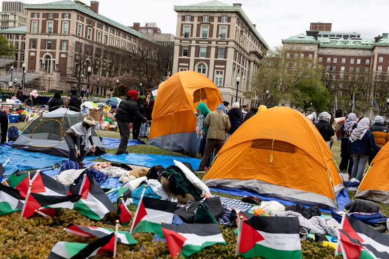 For the fifth day, pro-Palestinian students occupy a central lawn on the Columbia University campus, on April 21, 2024 in New York City