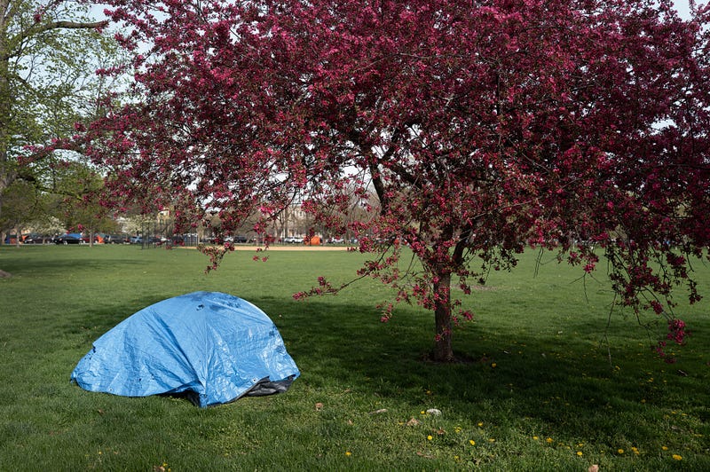 A tarp covers a tent in Humboldt Park