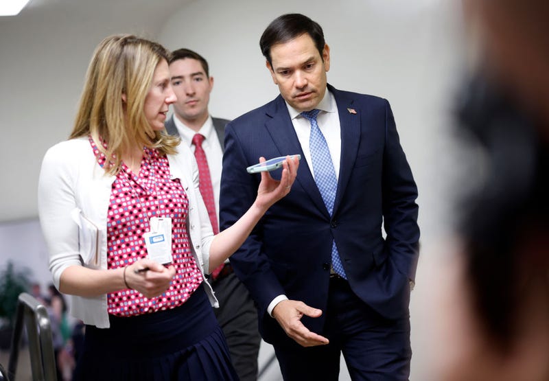 Sen. Marco Rubio (R-FL) talks to members of the media as he walks to the Senate chamber at the U.S. Capitol on April 23, 2024 in Washington, DC. 