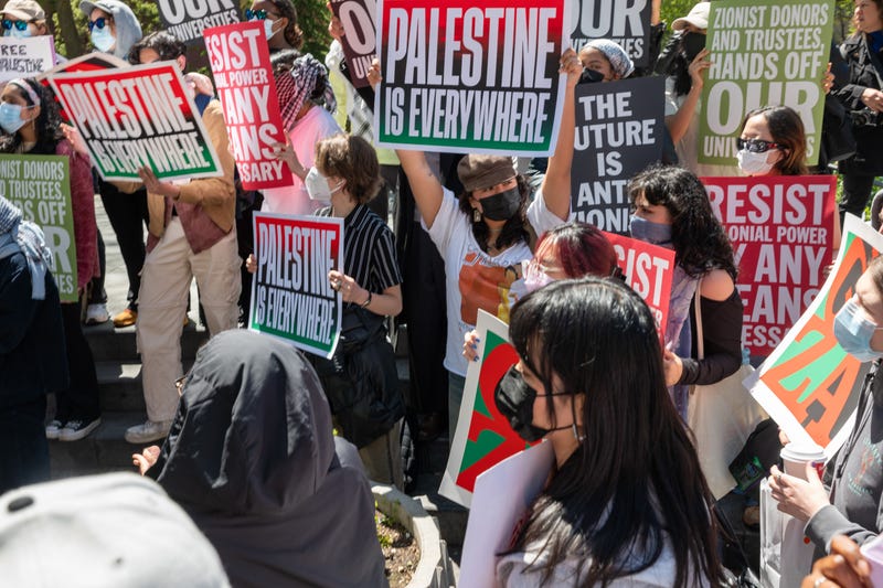 New York University (NYU) students and faculty participate in a protest against Israel's war in Gaza at Washington Square Park on April 23, 2024 in New York City. NYU students have joined a growing number of students at colleges around the country calling for a ceasefire in Gaza and for their schools to divest from Israel.