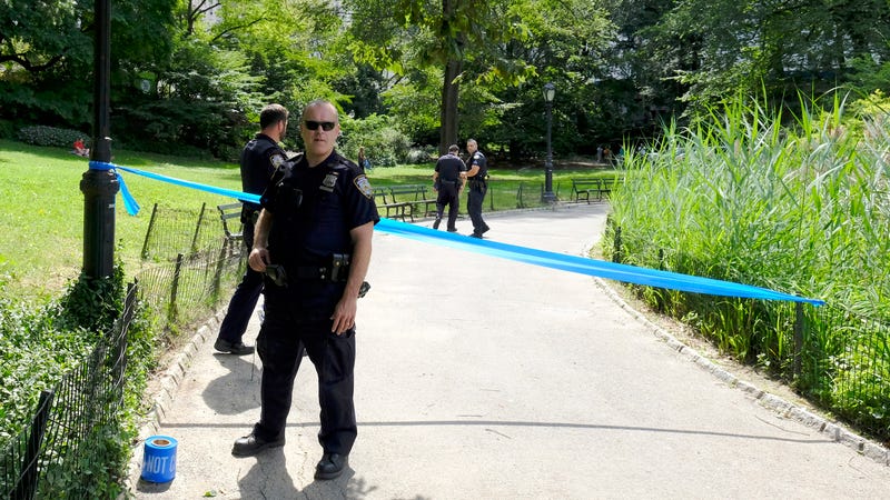 NYPD officers partially block a Central Park walkway near Fifth Avenue and the Plaza Hotel on April 27, 2024