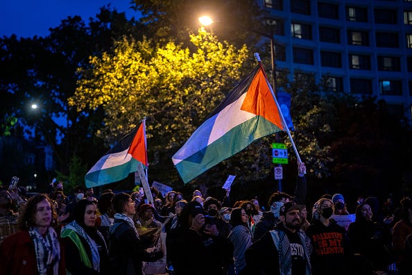 Pro-Palestinian demonstrators protest outside of the Washington Hilton, the site of the Annual White House Correspondents Dinner, on April 27, 2024 in Washington, DC. 