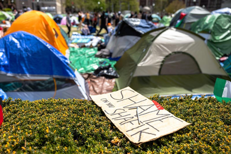 A sign is seen at the student pro-Palestinian "Gaza Solidarity Encampment" on the West Lawn of Columbia University on April 24, 2024 in New York City. School administrators and pro-Palestinian student protesters made progress on negations after the school set a midnight deadline for students to disband the encampment. The students agreed to remove many of the tents erected on the lawn, ensured that non-students would leave, and bared discriminatory or harassing language among the protesters.