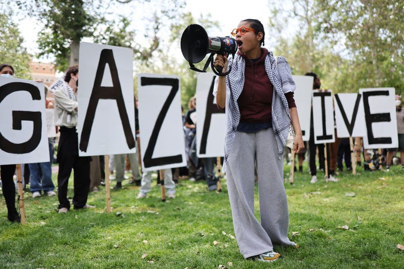 Pro-Palestine demonstrators rally at an encampment in support of Gaza at the University of Southern California on April 24, 2024 in Los Angeles, California. Pro-Palestinian encampments have sprung up at college campuses around the country recently. 