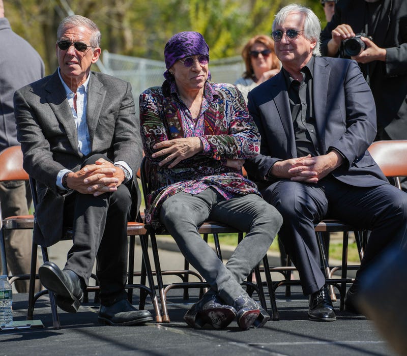 (L-R) Brian Williams, Stevie Van Zandt and Billy Van Zandt attend the Stevie and Billy Van Zandt Way street dedication on April 26, 2024 in Middletown, New Jersey.