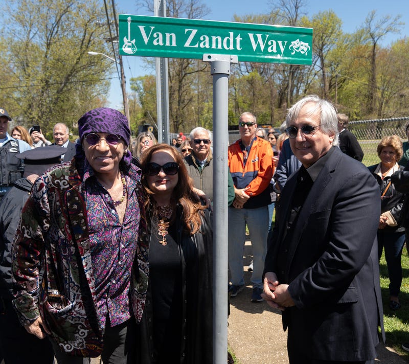 (L-R) Stevie Van Zandt, Kathi Van Zandt and Billy Van Zandt attend the Stevie and Billy Van Zandt Way street dedication on April 26, 2024 in Middletown, New Jersey.