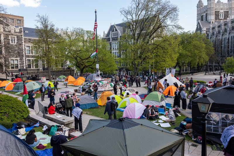 Protesters take part in a pro-Palestinian encampment at the City College campus on April 26, 2024