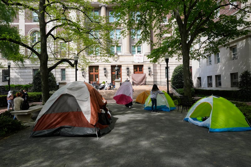 Student protesters camp outside Hamilton Hall on the campus of Columbia University on April 30, 2024 in New York City. All classes at Columbia University have been held virtually today after school President Minouche Shafik announced a shift to online learning in response to recent campus unrest.