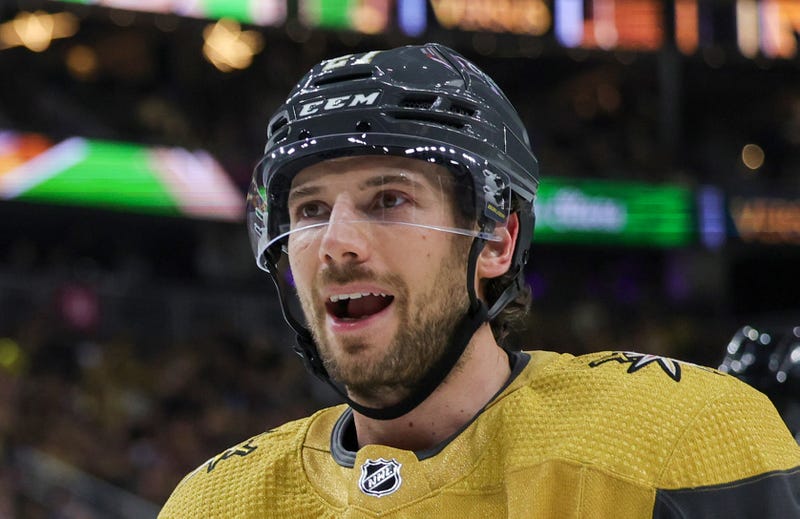 Shea Theodore #27 of the Vegas Golden Knights takes a break in the third period of Game Three of the First Round of the 2024 Stanley Cup Playoffs against the Dallas Stars at T-Mobile Arena on April 27, 2024