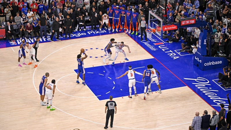Tyrese Maxey of the Philadelphia 76ers shoots a free throw during Game Six against the New York Knicks in Round 1 of the 2024 NBA Playoffs.