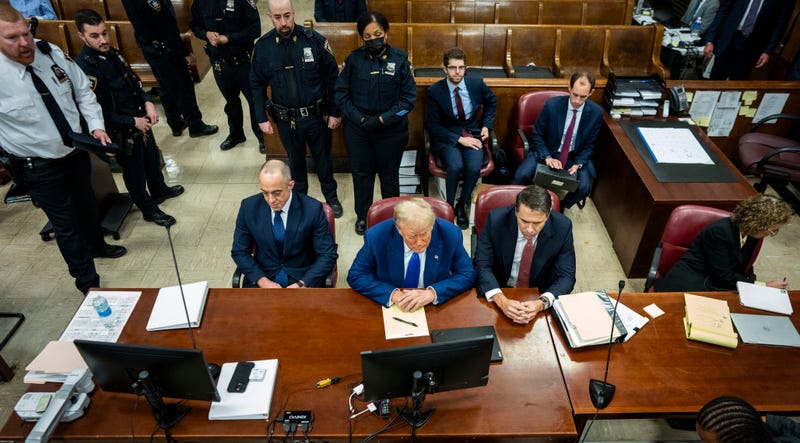 Former U.S. President Donald Trump attends his trial for allegedly covering up hush money payments at Manhattan Criminal Court on May 3, 2024 in New York City. Trump was charged with 34 counts of falsifying business records last year, which prosecutors say was an effort to hide a potential sex scandal, both before and after the 2016 presidential election. Trump is the first former U.S. president to face trial on criminal charges.