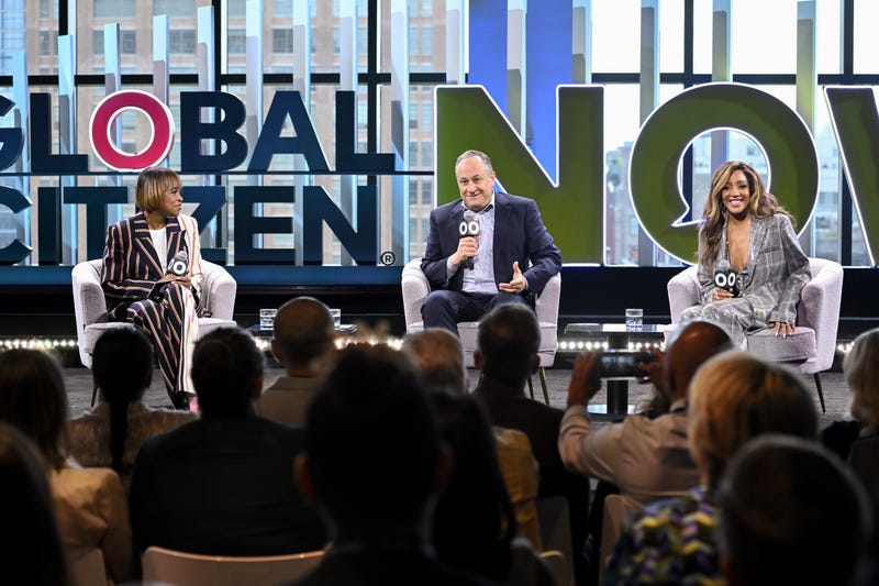 (L-R) Errin Haines, Second Gentleman Douglas Emhoff, and country singer Mickey Guyton speak onstage during Global Citizen NOW 2024 at Spring Studios on May 1, 2024 in New York City.