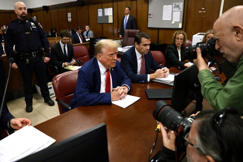 Former U.S. President Donald Trump and attorneys Todd Blanche and Susan Necheles attend his trial for allegedly covering up hush money payments at Manhattan Criminal Court on May 6, 2024 in New York City.