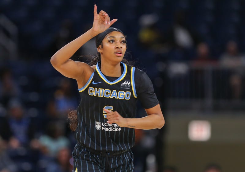 Angel Reese, of the Chicago Sky, reacts after a play during a WNBA preseason game in the first half against the New York Liberty at Wintrust Arena on May 7, 2024, in Chicago.