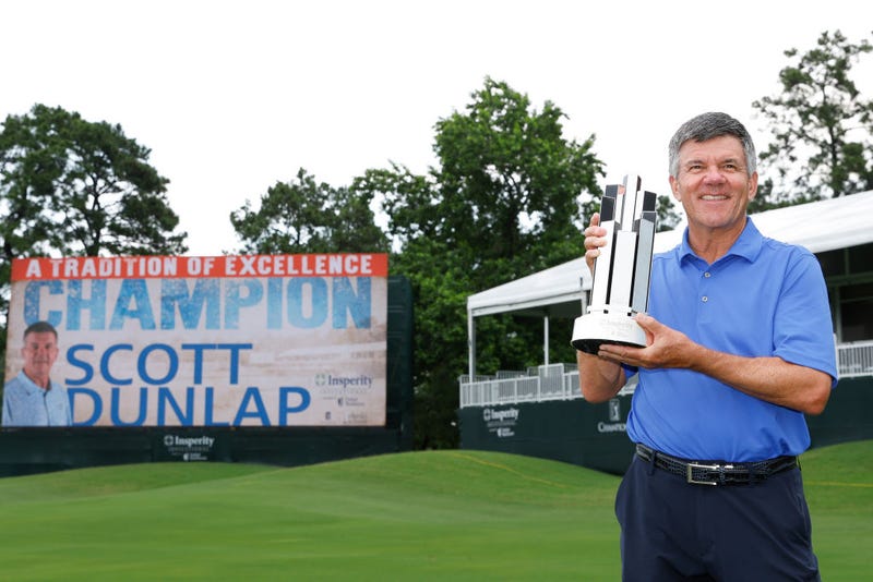 Scott Dunlap of the United States poses with the trophy after winning the Insperity Invitational after the final round was cancelled due to weather at The Woodlands Golf Club on May 5, 2024 in The Woodlands, Texas.