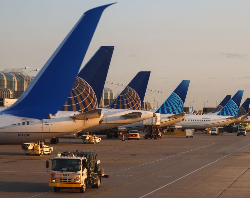 United Airlines passenger aircrafts are lined up at O'Hare International  Airport in Chicago on May 11, 2024.