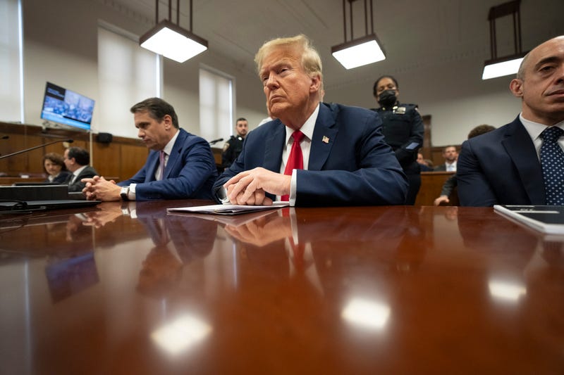 Former U.S. President Donald Trump and attorneys Todd Blanche and Emil Bove attend his trial for allegedly covering up hush money payments at Manhattan Criminal Court on May 16, 2024 in New York City.