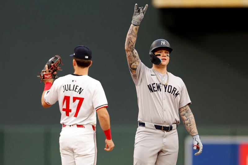 Alex Verdugo #24 of the New York Yankees celebrates his double against the Minnesota Twins in the first inning at Target Field on May 15, 2024 in Minneapolis, Minnesota.