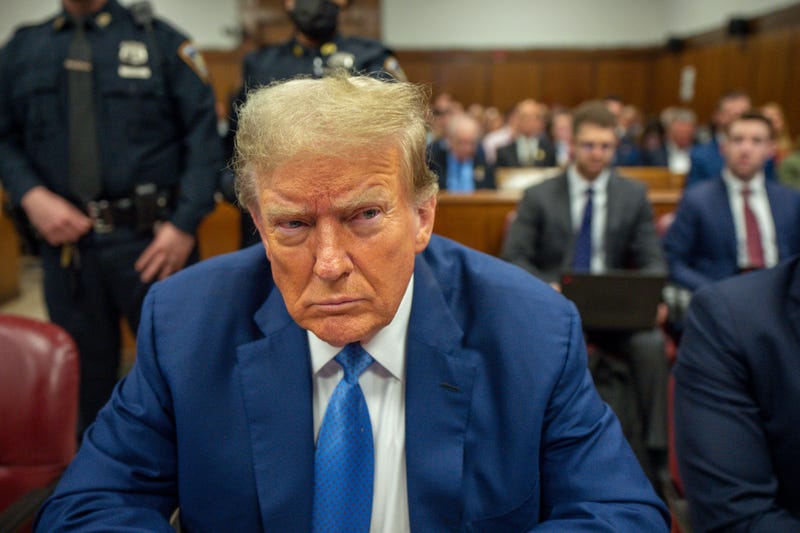Former U.S. President Donald Trump appears in court during his trial for allegedly covering up hush money payments at Manhattan Criminal Court on May 20, 2024 in New York City. 