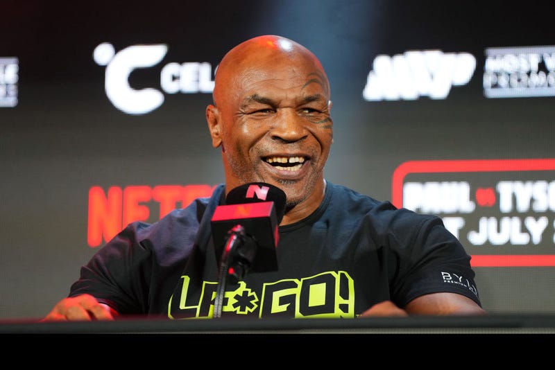Mike Tyson speaks onstage during the Jake Paul vs. Mike Tyson Boxing match Arlington press conference at Texas Live! on May 16, 2024 in Arlington, Texas.