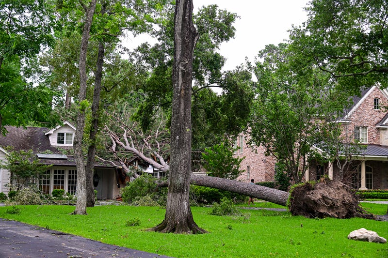 A home is severely damaged by a fallen tree after heavy winds and rains ripped through the region on May 17, 2024, in Houston, Texas.