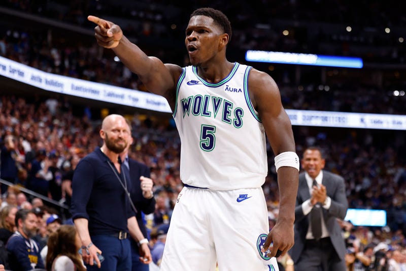 Anthony Edwards #5 of the Minnesota Timberwolves reacts to a three point basket during the fourth quarter against the Denver Nuggets in Game Seven of the Western Conference Second Round Playoffs.