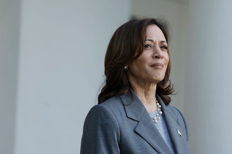 U.S. Vice President Kamala Harris looks on as Second gentleman Doug Emhoff speaksduring a reception celebrating Jewish American Heritage Month in the Rose Garden of the White House on May 20, 2024 in Washington, DC.