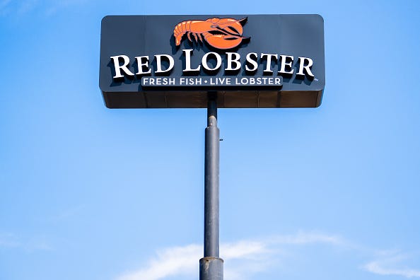 The Red Lobster logo is displayed near a Red Lobster restaurant on May 20, 2024 in Austin, Texas. 