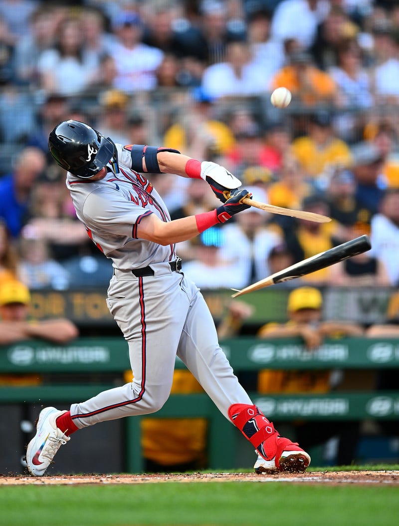  Zack Short #59 of the Atlanta Braves breaks hit bat during the third inning against the Atlanta Braves at PNC Park