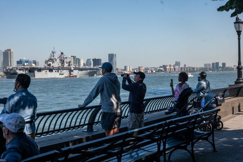 The USS Bataan (LHD-5) arrives with the Parade of Ships into New York Harbor during the start of the 36th annual Fleet Week on May 22, 2024 in New York City.