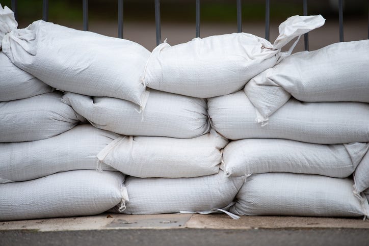 Sandbags set up to block floodwater. 
