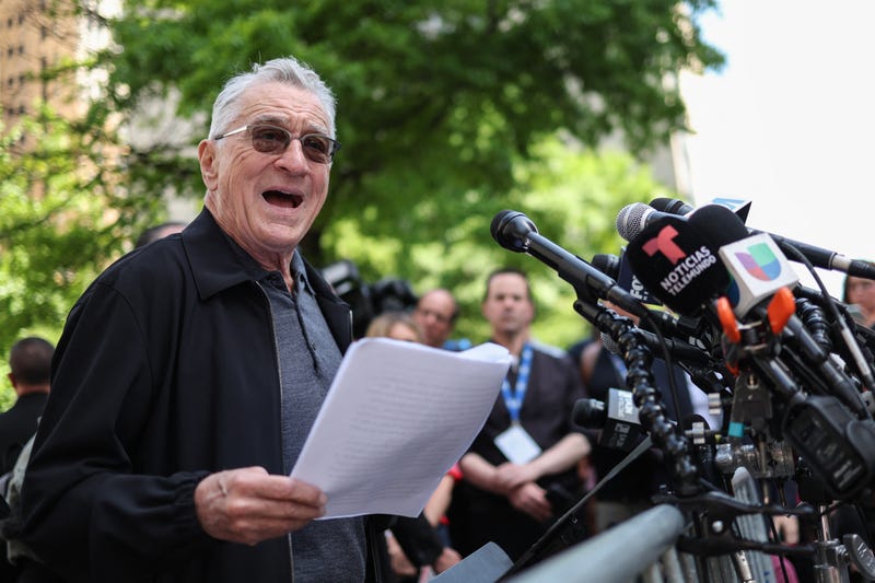 Robert De Niro speaks in support of US President Joe Biden outside of Manhattan Criminal Court as former US President and Republican presidential candidate Donald Trump attends his criminal trial for allegedly covering up hush money payments in New York City, on May 28, 2024.