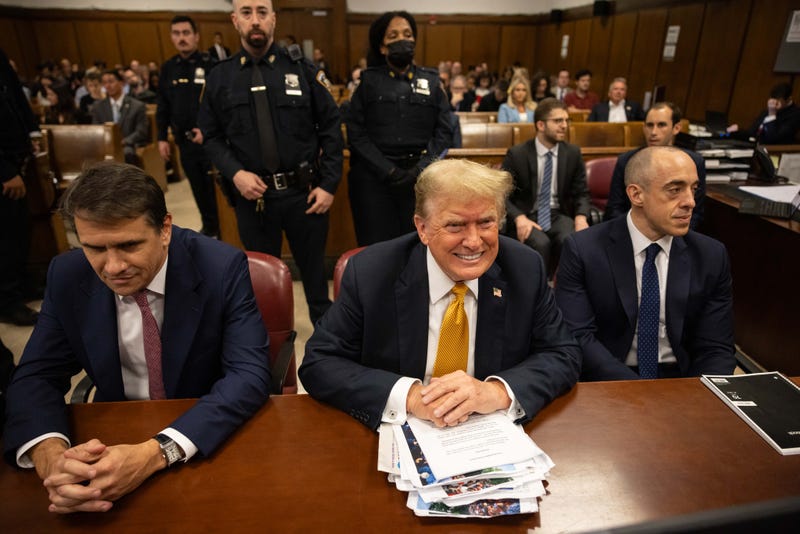 Former U.S. President Donald Trump attends his criminal trial at Manhattan Criminal Court on May 29, 2024 in New York City. Judge Juan Merchan will give the jury their instructions before they begin their deliberations today. The former president faces 34 felony counts of falsifying business records in the first of his criminal cases to go to trial. 