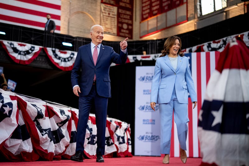 President Joe Biden and U.S. Vice President Kamala Harris take the stage at a campaign rally at Girard College on May 29, 2024, in Philadelphia, Pennsylvania.