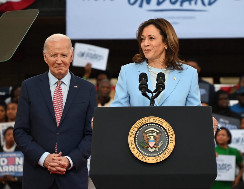 President Joe Biden and U.S. Vice President Kamala Harris wave to members of the audience after speaking at a campaign rally at Girard College on May 29, 2024 in Philadelphia