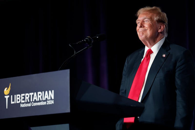 Former U.S. President and Republican presidential candidate Donald Trump addresses the Libertarian Party National Convention at the Washington Hilton on May 25, 2024 in Washington, DC.