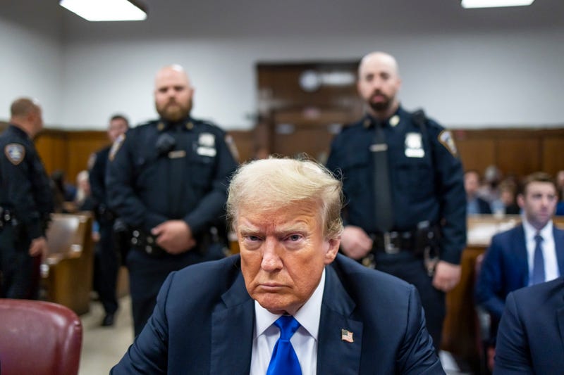 Former U.S. President Donald Trump sits at the defendant's table inside the courthouse for his hush money trial at Manhattan Criminal Court on May 30, 2024 in New York City.
