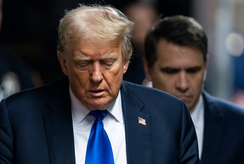 Former U.S. President Donald Trump arrives to court for his hush money trial at Manhattan Criminal Court on May 30, 2024 in New York City. Judge Juan Merchan gave the jury instructions, and deliberations are entering their second day. The former president faces 34 felony counts of falsifying business records in the first of his criminal cases to go to trial. 