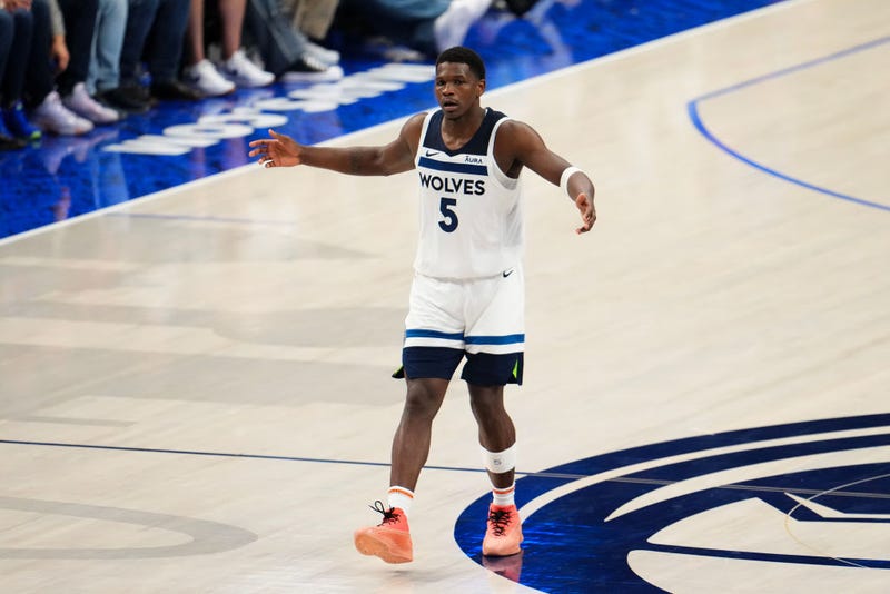Anthony Edwards #5 of the Minnesota Timberwolves reacts during the fourth quarter against the Dallas Mavericks in Game Three of the Western Conference Finals.