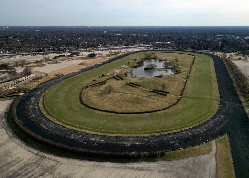 An aerial photo looking east at the former Arlington International Racecourse on March 12, 2024, in Arlington Heights, Illinois. 
