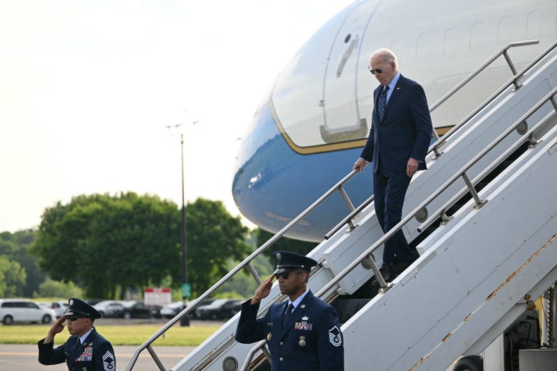 U.S. President Joe Biden steps off Air Force One upon arrival at Westchester County Airport in White Plains, New York, on June 3, 2024.